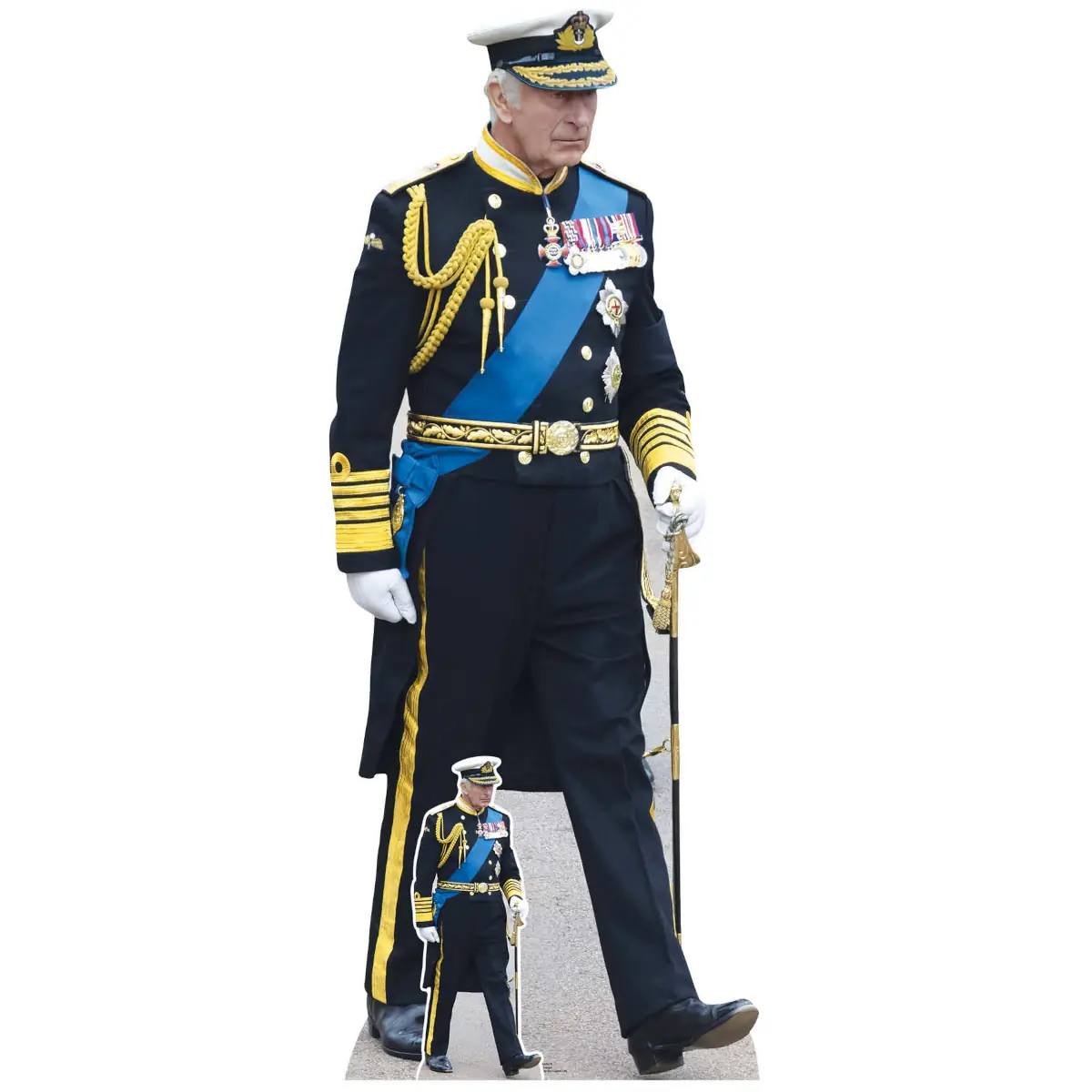 King Charles III Marching Uniform British Royal Lifesize + Mini Cardboard Cutout Front