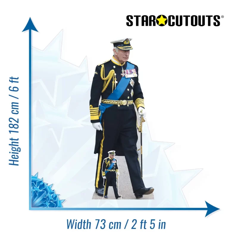 King Charles III Marching Uniform British Royal Lifesize + Mini Cardboard Cutout Size